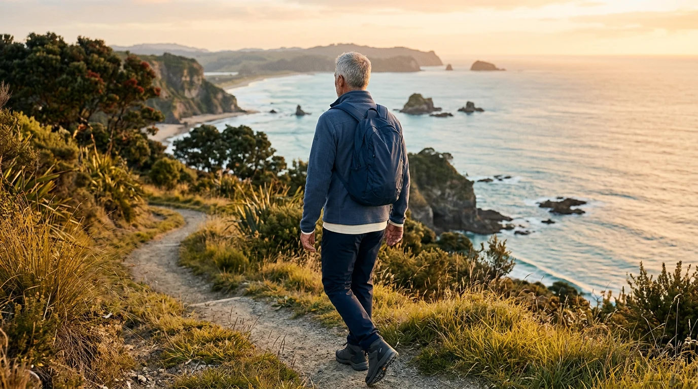 Active older man walking New Zealand coastal path